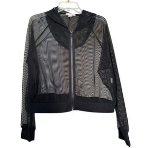 Forever 21 Black Sheer Mesh Zip Up Hoodie Bomber Jacket Womens XL Grunge
